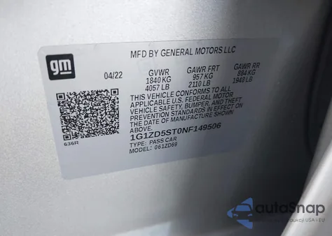 2022 Chevrolet Malibu Fwd Lt из США, поврежденный, VIN 1G1ZD5ST0NF149506